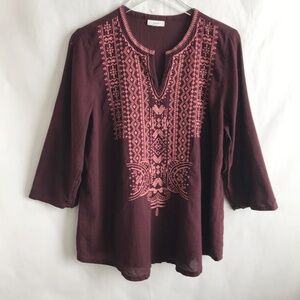 J Jill Pure Jill Embroidered Cotton Split Neck Tunic Top L Burgundy Pink Boho
